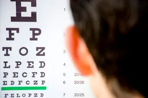 Pessoa de costas diante de uma tabela de Snellen com letras em tamanhos decrescentes.