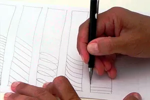 Mão com caneta desenhando traços repetidos numa folha de teste psicológico.
