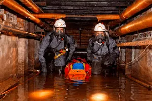 Dois trabalhadores com equipamento de proteção dentro de uma galeria subterrânea alagada.